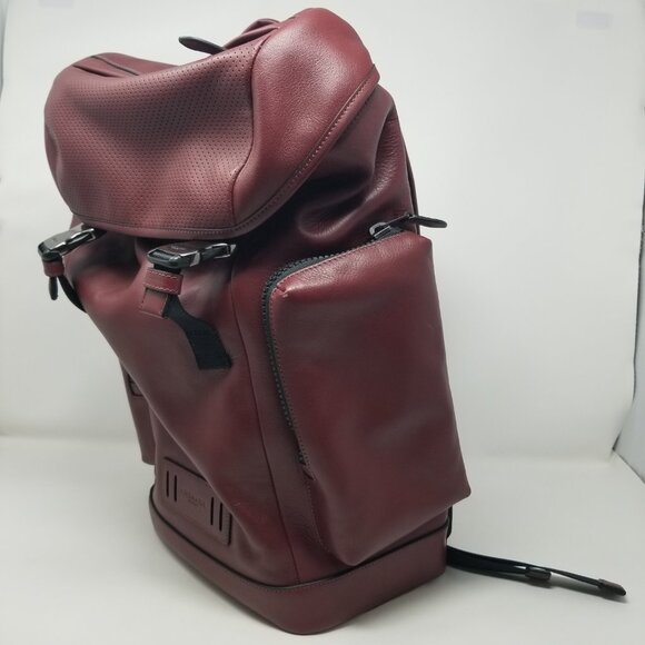 COACH Men's Burgundy Red & Black Leather Metal Buckle Drawstring Laptop Backpack - Picture 10 of 16